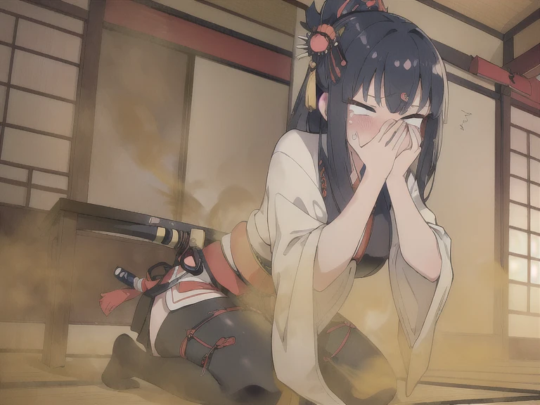 ((velocity)),Yellow smoke,Attacked by farts, (((woman samurai))),velocity,(Yellow smoke is rising),i'i'i'i'i'i'おっぱi'm in a Japanese tatami room)),((One Woman)),((A girl smells a fart and gets scared)),(masterpiece:1.2、top-quality)、(the Extremely Detailed CG Unity 8K Wallpapers、ultra-detailliert、Best Shadows)、(细致背景)、(The best lighting、extremely delicate and beautiful)、depth of fields、1girl in、独奏、upward looking gaze、closed her eyes,woman samurai,Ephemeral,(((Fainting Girl))),((long hair that shed tears),((Chained up)),((((Girl is surprised when she smells the bad smell of farts)))),((((please cover your face with your hands。'There'no smell)))