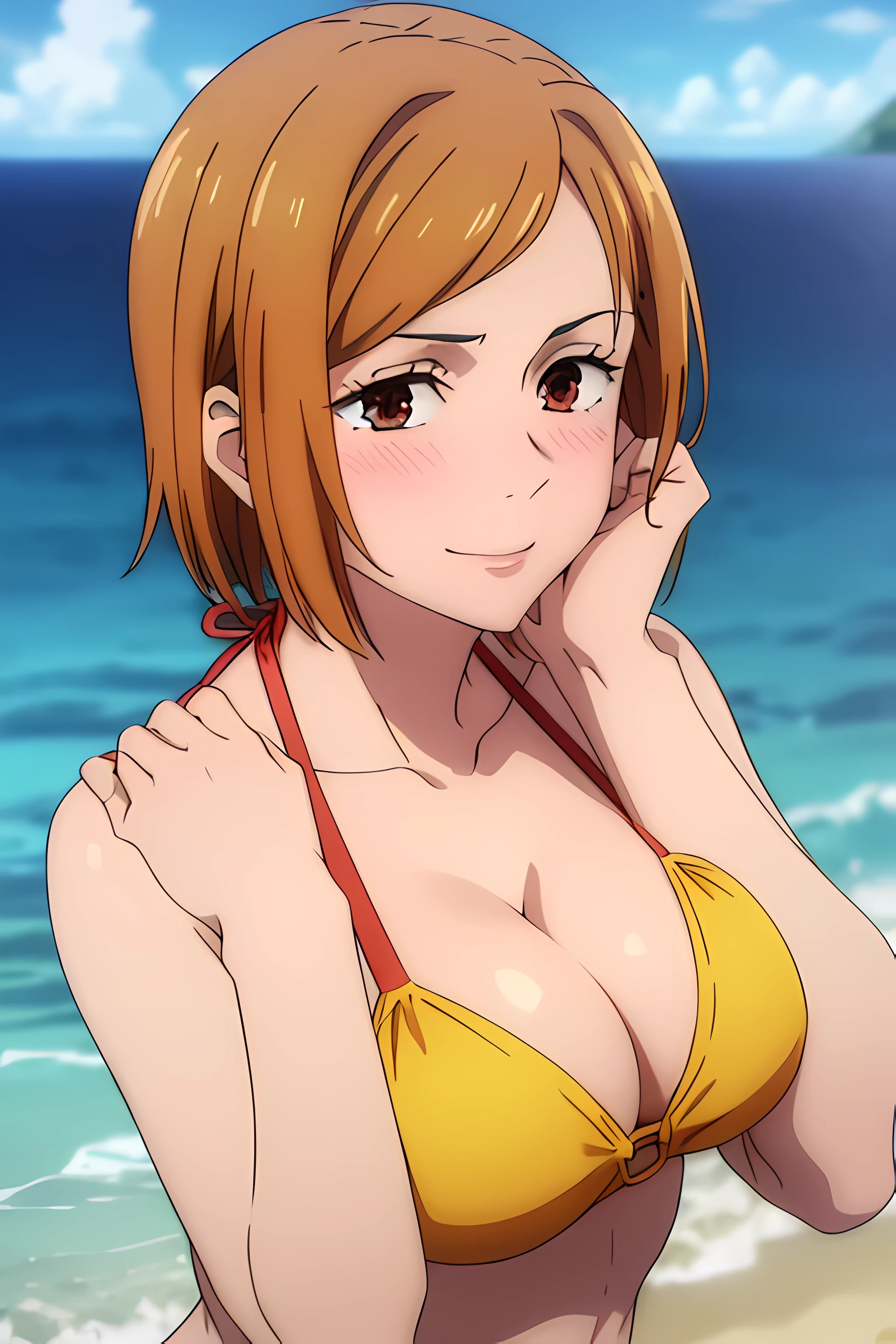 (masterpiece), (best quality), (ultra-detailed), (best illustration), (best shadow), (absurdres), nobarakugisakinova, short hair, orange hair, ((brown eyes)), kugisaki nobara, 1girl, solo, bangs, closed mouth, looking at viewer, upper body, (ocean background), ((cleavage)), ((yellow bikini)), ((blushing)), sexy, (hands on breasts), large breasts, smile,