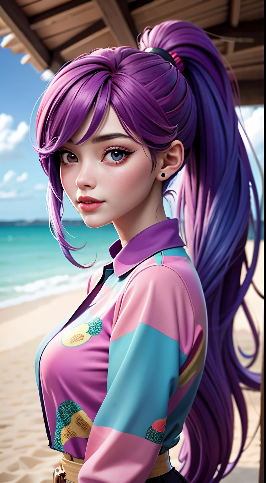 ((masterpiece), best quality, high quality, professional quality, highly detailed, highres, perfect lighting, natural lighting), (1girl, beautiful, medium breastulticolored hair, purple hair,pink hair,blue hair, long hair, high ponytail), perfecteyes eyes), (wearing rainbow print, extremelyBeautiful_beautifulclotheswild/Extremely beautiful clothes), on the beach, walking the boardwalk,