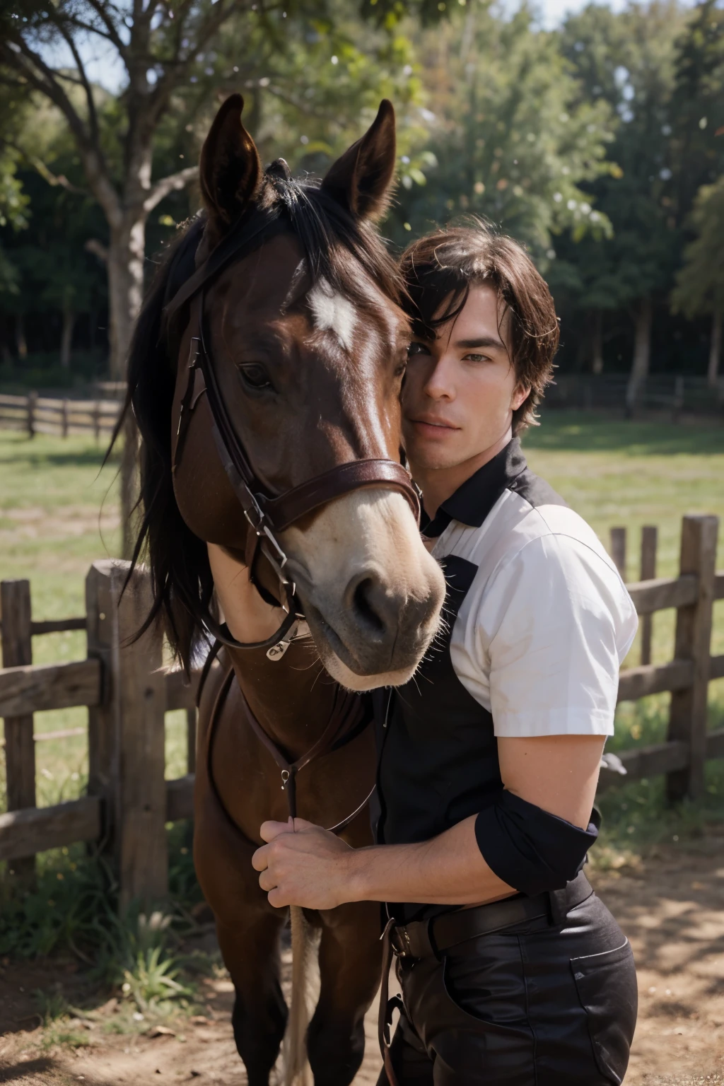 Un primer plano de Ian Somerhalder montando un caballo pura sangre (negro) en un prado verdoso, fresco, soliadl y floriado.