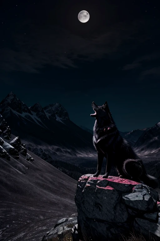 ((Masterpiece image)), A black wolf with shiny red eyes, on top of the mountain with a full moon at background, looking at the viewer, howling at the moon! Unreal engine, high resolution, high quality detailed,