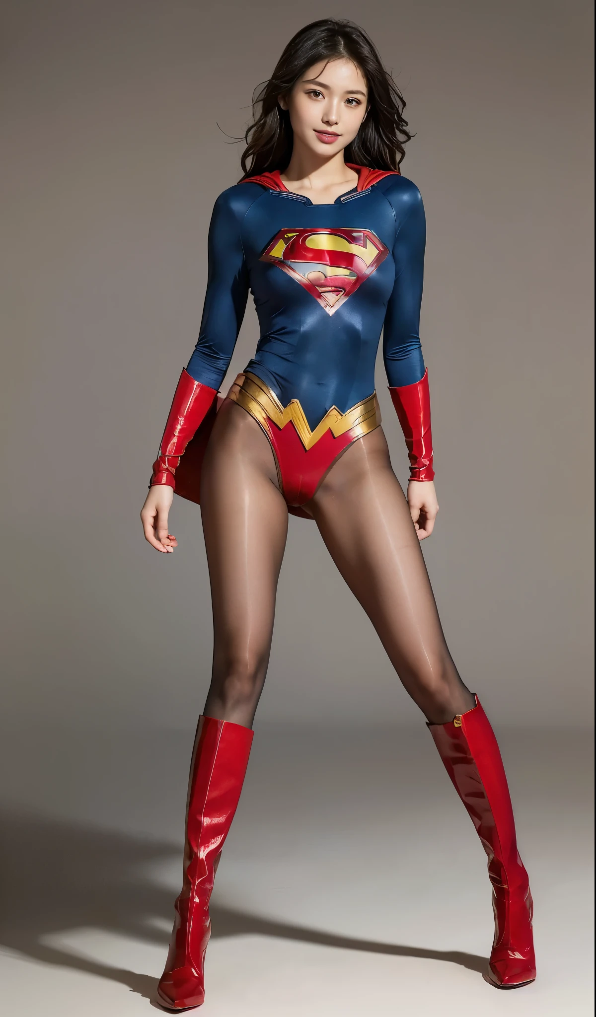 Are sleeping、lying back on、(((Wear black tights on your beautiful legs.)))、(((Grow legs、tall、Legally express the beauty of your smile)))、((((Make the most of the original image)))、(((Supergirl Costume)))、(((beautiful hairl)))、(((Suffering)))、(((Feet must necessarily be worn with black tights)))、(((You need to wear red boots)))、((Top image quality、8K))、((top-quality、8K、​masterpiece:1.3))、(((Keep Background )))、Crisp focus:1.2、Beautiful woman with perfect body shape:1.4、Slender Abs:1.2、a wet body:1.5、Highly detailed facial and skin texture、8K