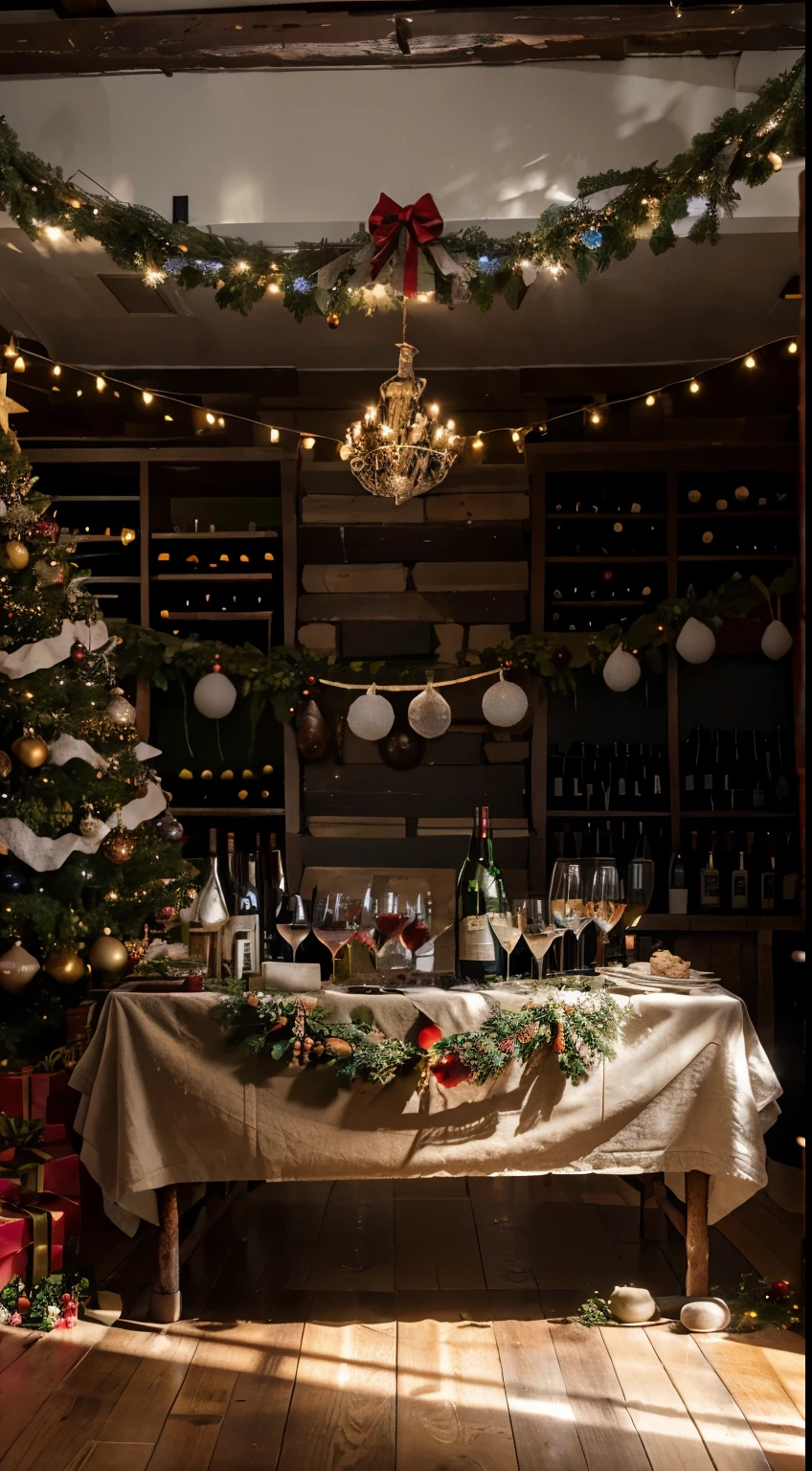 studio, Photography concept for black table, Streamers, Old logs, Several bunches of grapes, Grape leaves, Christmas wreath, centered around a glass of wine, There were a few bottles of wine next to it, Light comes in from the left, Bright environment, Christmas tree, Red balloon, green balloon, white balloon, Christmas gifts