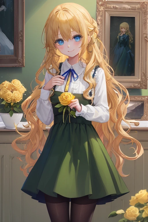 (Beautiful girl around 9 years old:1.5)，(Big blue eyes:1.3)，(Eyes without light:1.5)，(a blond，Wavy long hair:1.4)，(Blue ribbon on chest:1.4)，(long green dress:1.4)，(Black tights:1.4)，(Brown loafers:1.3)，(lots of picture frames:1.3)，(murky照明:1.5)，(have one yellow rose:1.5)，art gallery，(many yellow roses:1.4)，(Invincible smile:1.4)，murky