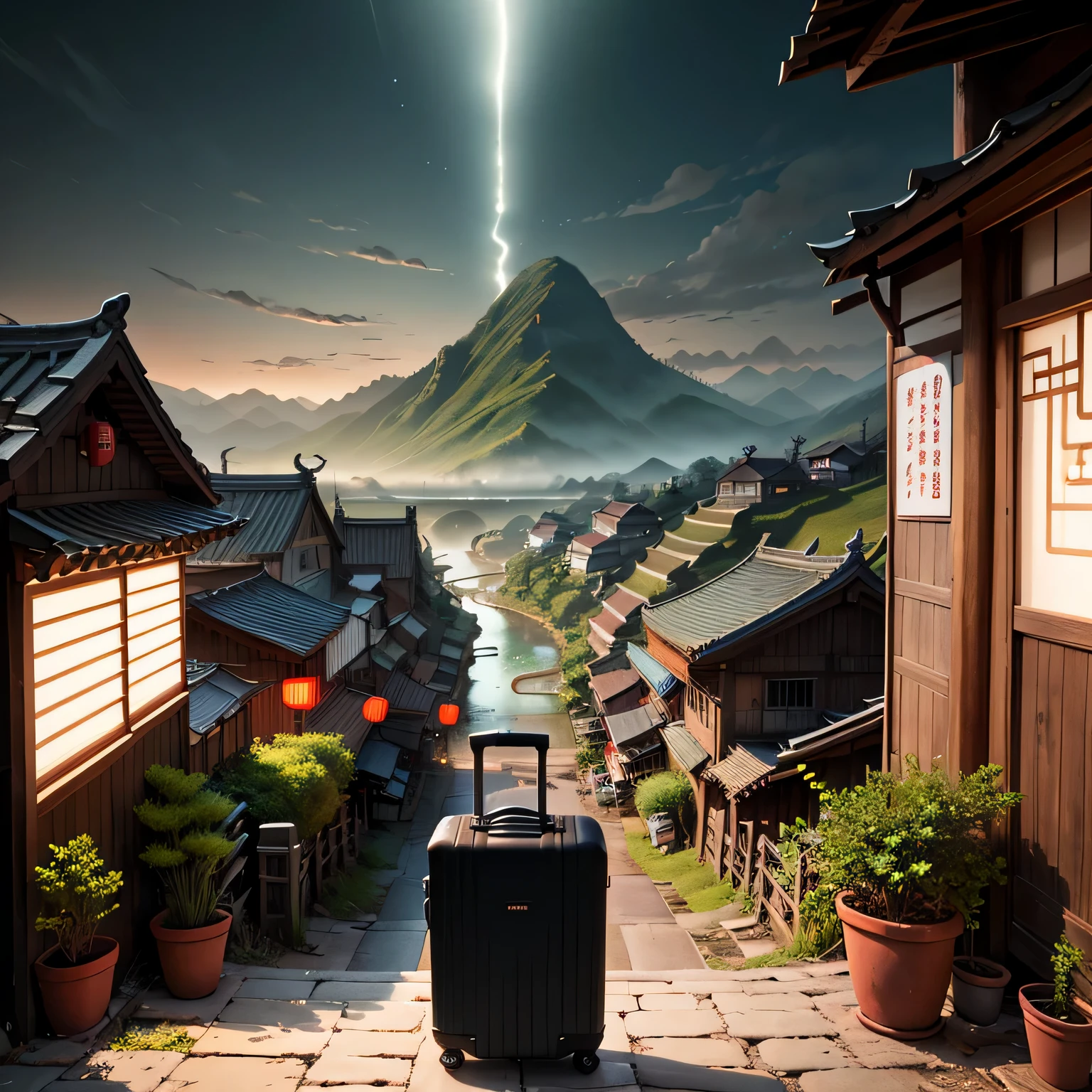 an open suitcase(Intricate miniature Chinese rural town landscape in a suitcase), Oliva ambient light, On a table, 4KUHD, dark ambiance, ultra - detailed, Terrazzo,There are small towns,terraced,ricefield,There are mountains and waters,真实感,Bright color forest background, Epic work,