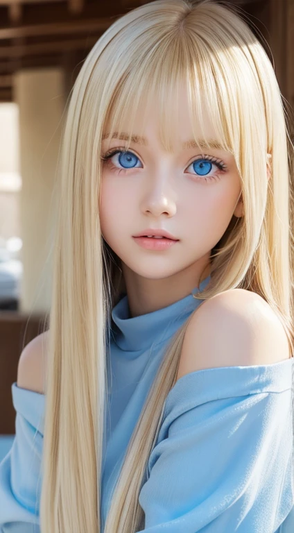 Super Long Blonde Straight Hair、so perfect beautiful cute face、Beautiful clear cute eyes Beautiful blue eyes、shiny very beautiful skin、Beautiful disheveled bangs、Very beautiful and cute sexy bright sky blue eyes、Very big eyes beautiful long shiny silky blonde hair、18 years old petite, an extremely beautiful and cute girl、Gloss Face、Teak Gloss、White beautiful skin、