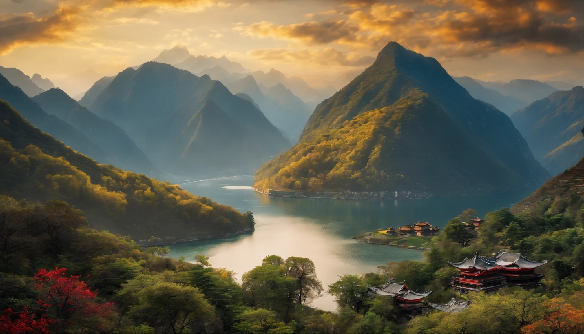 ((Chinese embroidery)),Picture of rivers and mountains,The frames,8K,ultra - detailed,ultra real photo,hyper HD,ultra - detailed