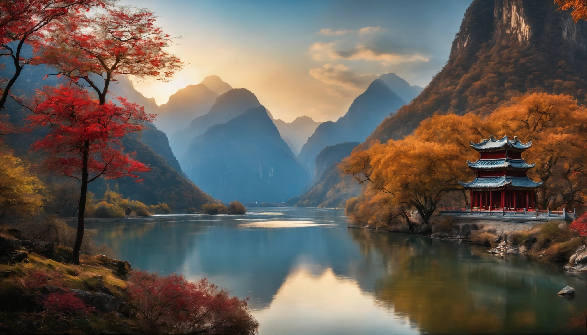 ((Chinese embroidery)),Picture of rivers and mountains,The frames,8K,ultra - detailed,ultra real photo,hyper HD,ultra - detailed