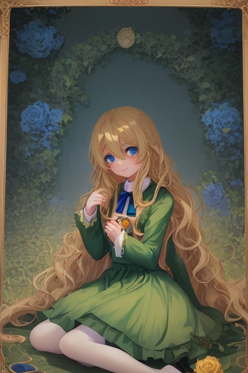 (Beautiful girl around 9 years old:1.5)，(Big blue eyes:1.3)，(Eyes without light:1.5)，(a blond，Wavy long hair:1.4)，(Blue ribbon on chest:1.4)，(long green dress:1.4)，(Black tights:1.4)，(Brown loafers:1.3)，(lots of picture frames:1.3)，(murky照明:1.5)，(have one yellow rose:1.5)，art gallery，(many yellow roses:1.4)，(Invincible smile:1.4)，murky