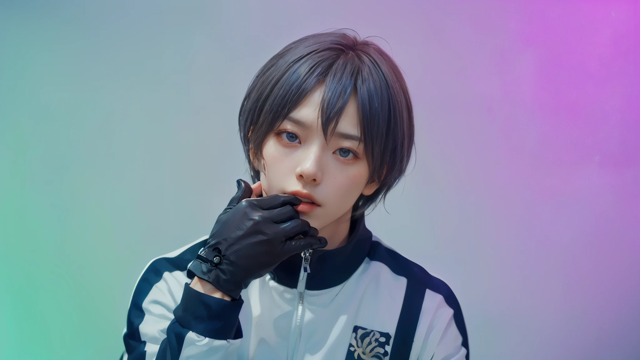 ((itoshi Rin BLUE LOCK)),((realistic, photorealistic)),(highlight hair)), Light reflection, (( HD )),((upper body)), (((best quality, masterpiece))), (masterpiece) (best quality) (detail) (8k) (HDR) (wallpaper) (cinematic lighting) (sharp focuasterpiece, best quality: 1.1), 1men solo, itoshi rin, Handsome,Artificial light ,Bite black gloves,