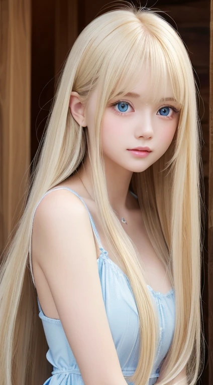 Super Long Blonde Straight Hair、so perfect beautiful cute face、Beautiful clear cute eyes Beautiful blue eyes、shiny very beautiful skin、Beautiful disheveled bangs、Very beautiful and cute sexy bright sky blue eyes、Very big eyes beautiful long shiny silky blonde hair、18 years old petite, an extremely beautiful and cute girl、Gloss Face、Teak Gloss、White beautiful skin、