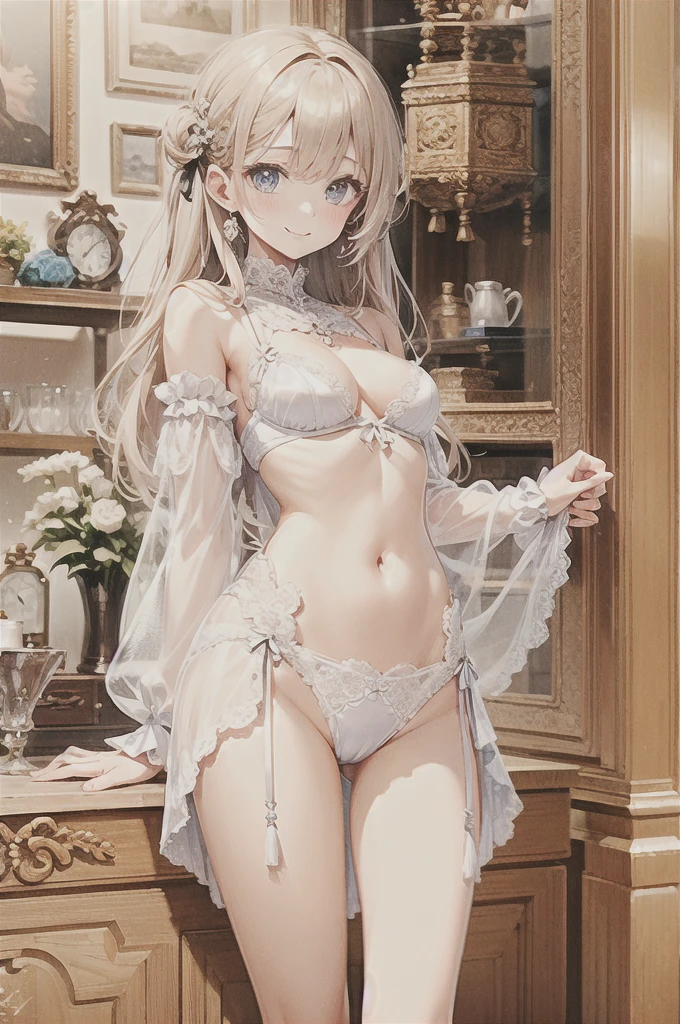 natural lighting, light smile, upturned cheeks, coquettish hair, see through, lingerie,