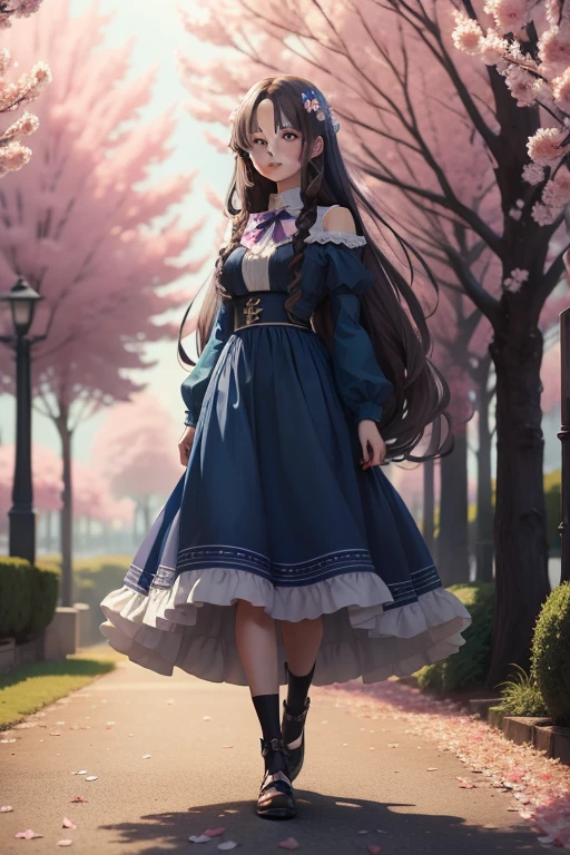 anime girl with long hair and blue dress standing in front of a tree, sakura petals around her, anime wallaper, Beautiful anime, Anime wallpaper 4 k, Anime wallpaper 4K, Anime art wallpaper 4k, Anime art wallpaper 4 K, style of anime4 K, 4K anime wallpaper, hd anime wallaper, Soft anime illustration, 4k manga wallpapers, Alicia, Surrealism, anime style, Romanticism, high detail, UHD, masterpiece, super detail, high details, high quality, award winning, best quality