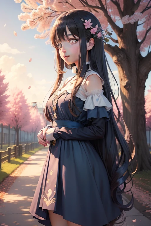 anime girl with long hair and blue dress standing in front of a tree, sakura petals around her, anime wallaper, Beautiful anime, Anime wallpaper 4 k, Anime wallpaper 4K, Anime art wallpaper 4k, Anime art wallpaper 4 K, style of anime4 K, 4K anime wallpaper, hd anime wallaper, Soft anime illustration, 4k manga wallpapers, Alicia, Surrealism, anime style, Romanticism, high detail, UHD, masterpiece, super detail, high details, high quality, award winning, best quality