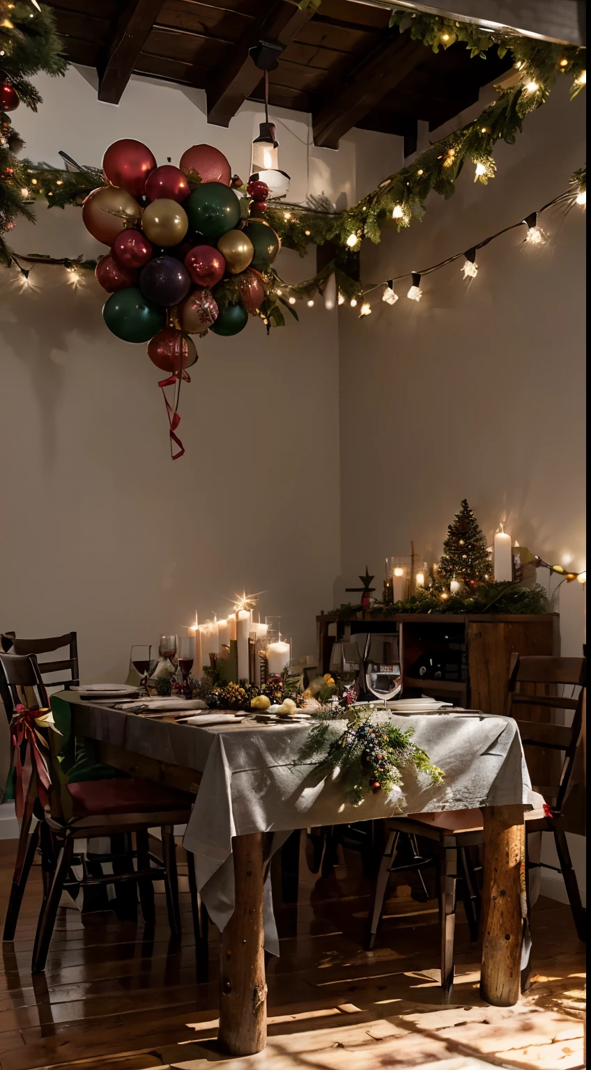 studio, Photography concept for black table, Streamers, Old logs, Several bunches of grapes, Grape leaves, Christmas wreath, centered around a glass of wine, There were a few bottles of wine next to it, Light comes in from the left, Bright environment, Christmas tree, Red balloon, green balloon, white balloon, Christmas gifts