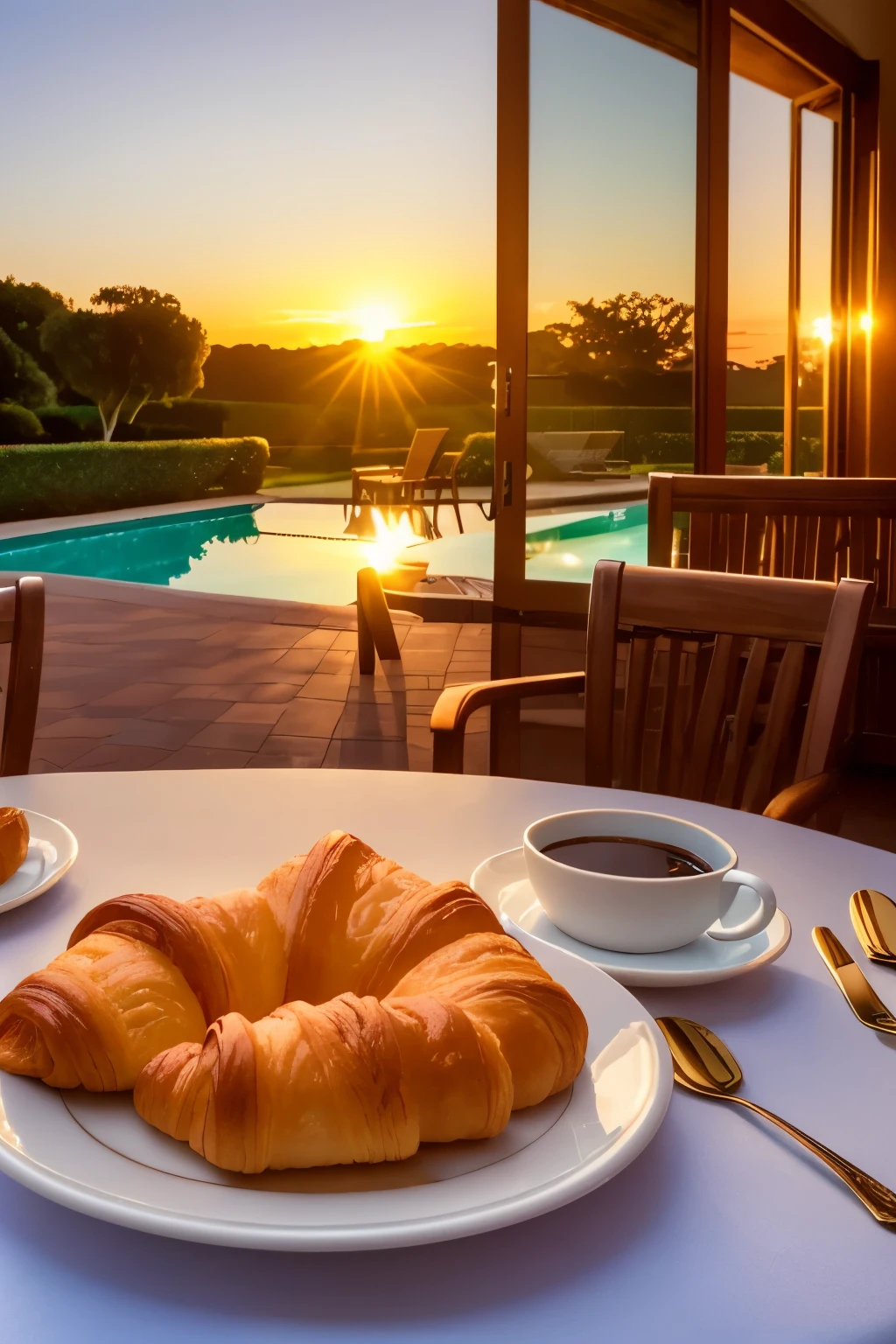 ((Two croissants)), a cup of coffee, chocolate on the side, looks like you're in a fancy villa, the pool in the distance,a food photography, Michelinstar,mouthwatering and enticing presentation, Golden hour, shallow depth of field,Very real colors and comfortable light.