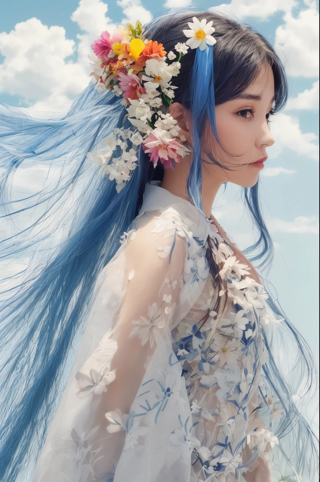 A picture of a woman with long hair，A flower stuck in his hair, Colorful costumes，The background is blue sky and white clouds