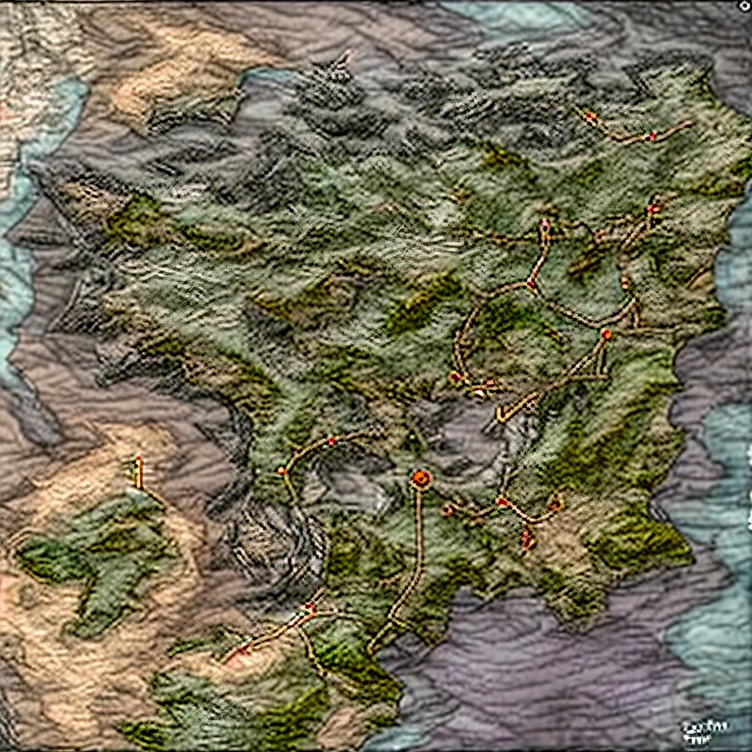 Generate a map,land surrounded by ocean,The easternmost part is the plateau,The far north is a field,The southernmost point is a fog,There are plains and mountains in between