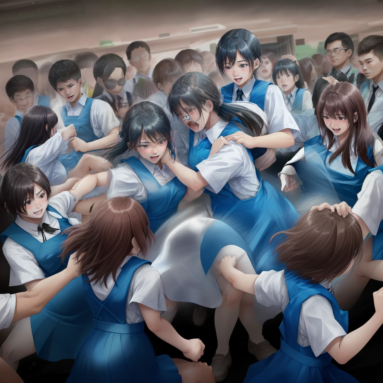 schoolgirls in malaysia school uniform (white shirt in blue pinafore) fighting, brawling, schoolgirls, female, quality image, top view