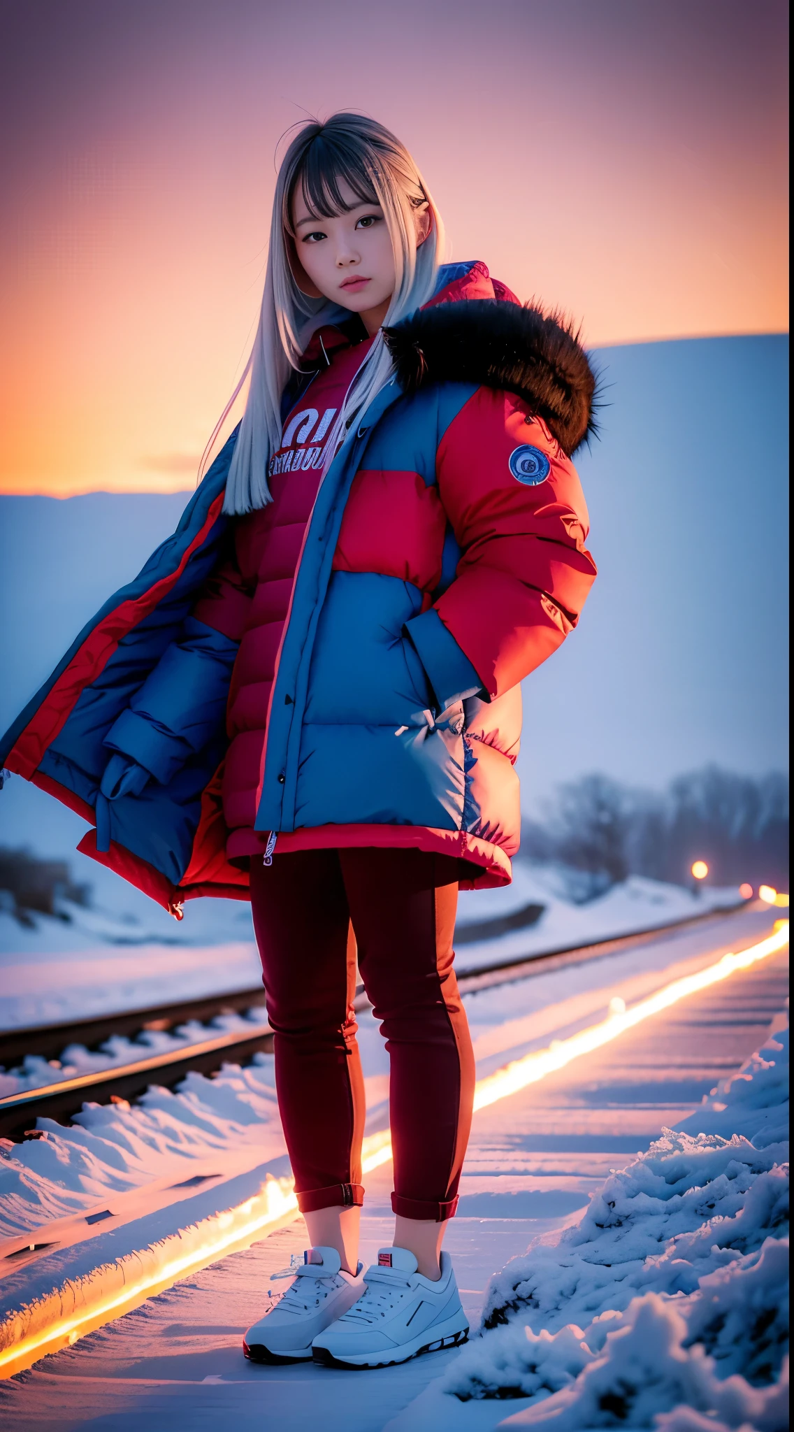 1girll,28 years old,(Beautiful girl),fur trim hooded coat,red down jacket,hands and feet,Long blue hair,trains,orbit, snowfield, the sunset,(Hyper-real), (tmasterpiece),((ultra - detailed)), (Highly meticulous),(The least expressive quality:1.2), High quality texture, Complicated details, Detailed texture, Highqualityshadow, 电影灯光, depth of fields, light source contrast,8k,Award-winning works,