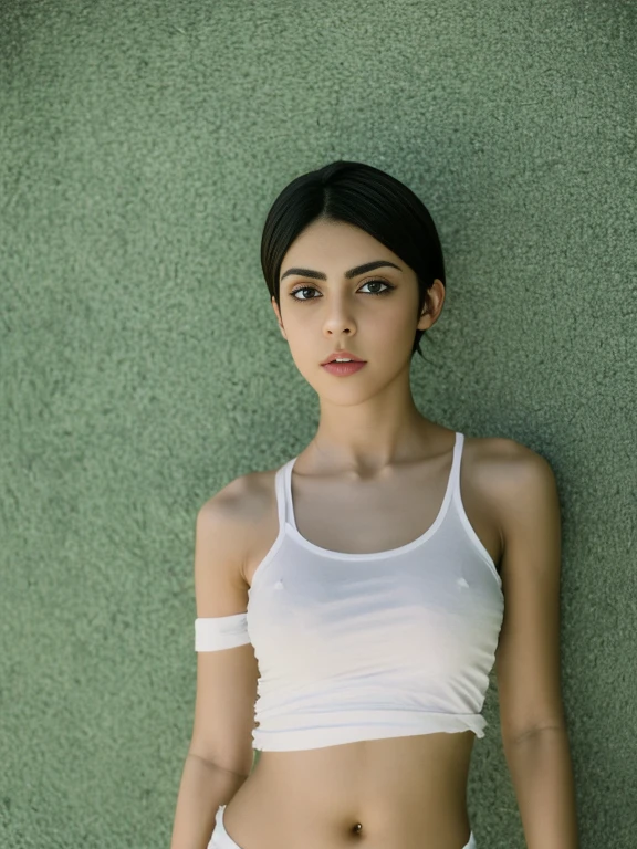 Woman, 20 years old, full body, dark green short
hair styles, pirate turban, realistic photography film, 4K resolution, perfect body, wearing an old short-sleeved white t-shirt with a torn inside, has 1 long wound on the chest, blur background, nsfw, nude
