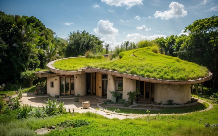 A photograph of a symmetrical contemporary organic house with clay plaster, there is a buttress in the wall, (((hyperbolic paraboloid green roof))), (((biological pool))), (((base wall rock foundation))), in a tropical bahia backyard, (((rustic clay stucco))), ((rustic clay plaster)), (((wooden roof structure, wooden rake, wooden fascia board))), eaves, ((roof with wooden structure)), cobhouse, ((natural houses, organic buildings, organic architecture)), ecovillage, sustainable architecture, bioconstruction architecture, solarpunk architecture, (((grass roof, green roof, green wave roof, rounded roof, vegetated roofs))), (((rock base foundation wall, foundation height 30cm, stone base wall 30cm high))), ((green architecture)), passive house, clear sky in the background, painful beauty, modern, imposing, green house, ((Bali hobbit Hadid Style)), super resolution, cinematic, color grading, editorial photography, photography, photo shoot, (((dramatic front eye top angle view)))