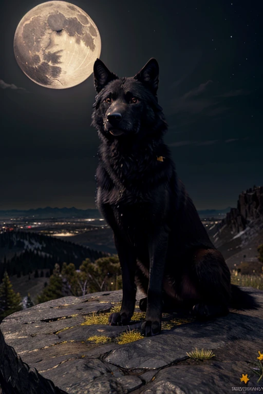 ((Masterpiece image)), A black wolf with [[shiny red eyes]], on top of the mountain with a yellow full moon at background, looking at the viewer! Unreal engine, high resolution, high quality detailed, (((masterpiece))), (((best quality))), ((ultra-detailed)), (highly detailed CG illustration), ((an extremely delicate and beautiful))