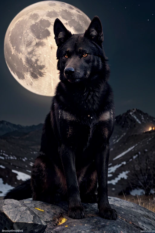 ((Masterpiece image)), A black wolf with [[shiny red eyes]], on top of the mountain with a yellow full moon at background, looking at the viewer! Unreal engine, high resolution, high quality detailed, (((masterpiece))), (((best quality))), ((ultra-detailed)), (highly detailed CG illustration), ((an extremely delicate and beautiful))