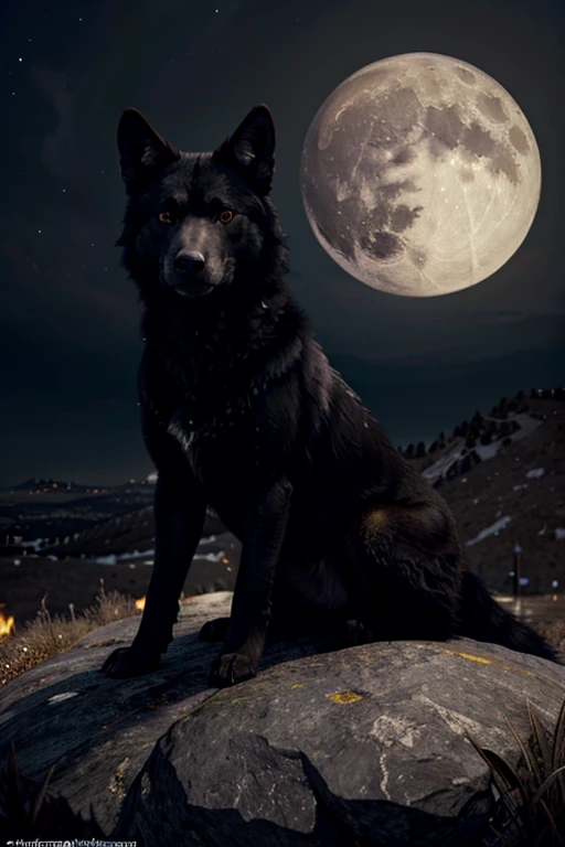 ((Masterpiece image)), A black wolf with [[shiny red eyes]], on top of the mountain with a yellow full moon at background, looking at the viewer! Unreal engine, high resolution, high quality detailed, (((masterpiece))), (((best quality))), ((ultra-detailed)), (highly detailed CG illustration), ((an extremely delicate and beautiful))