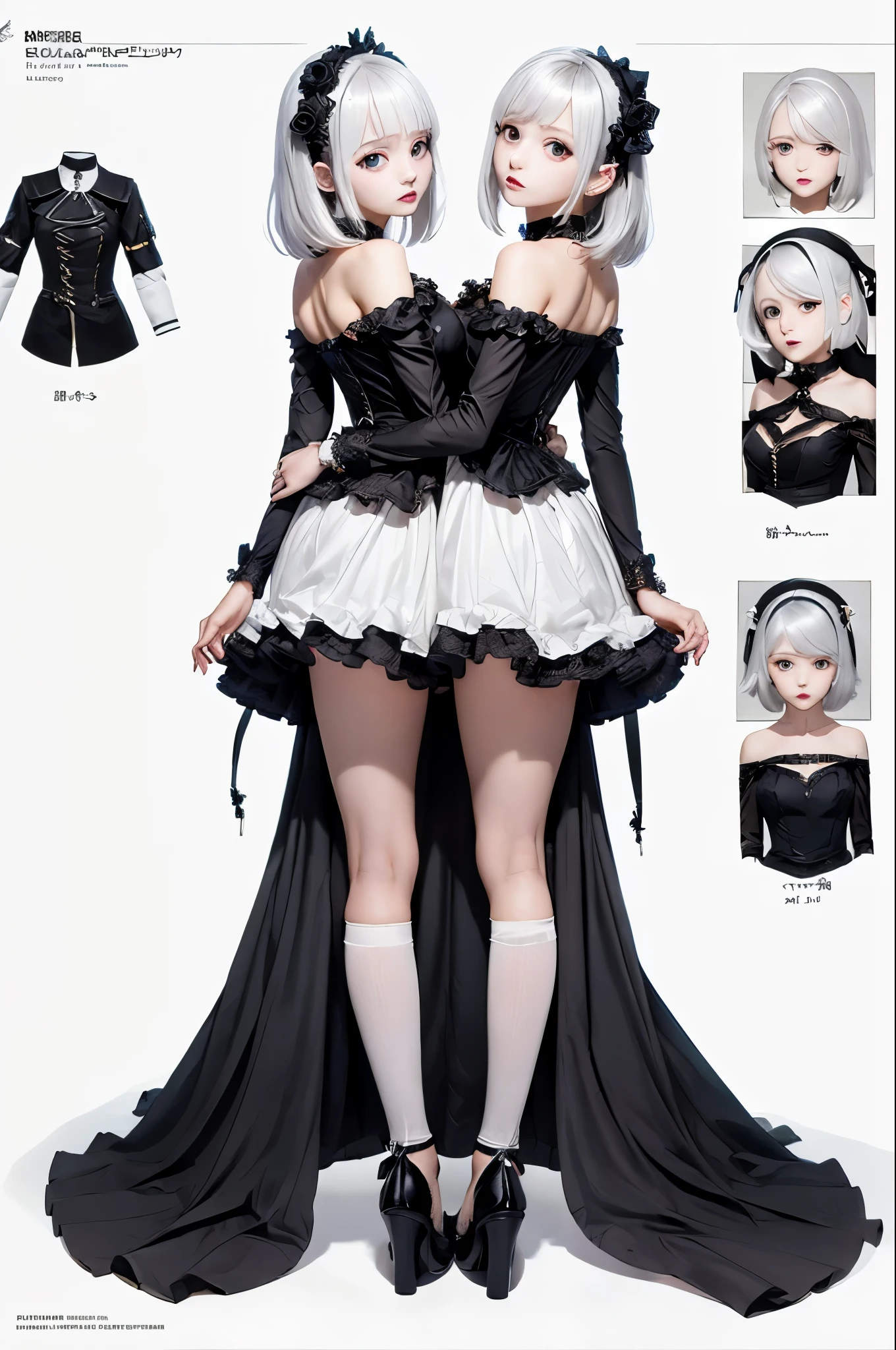 a 20 yo woman, blonde, (hi-top fade:1.3), dark theme, soothing tones, muted colors, high contrast, (natural skin texture, hyperrealism, soft light, sharp) girl, long white hair, black dress high and flared neck, dress futuristic, has black foot warmers, it doesn't have sleeves, blue eyes, Kawaii, pretty, anime, pastel, neon, charinspo, full body, white background, solo, accessories, oc, interesting design, (Character sheet:1), (Multiple views full body and upper body reference sheet:1), cute, glitter