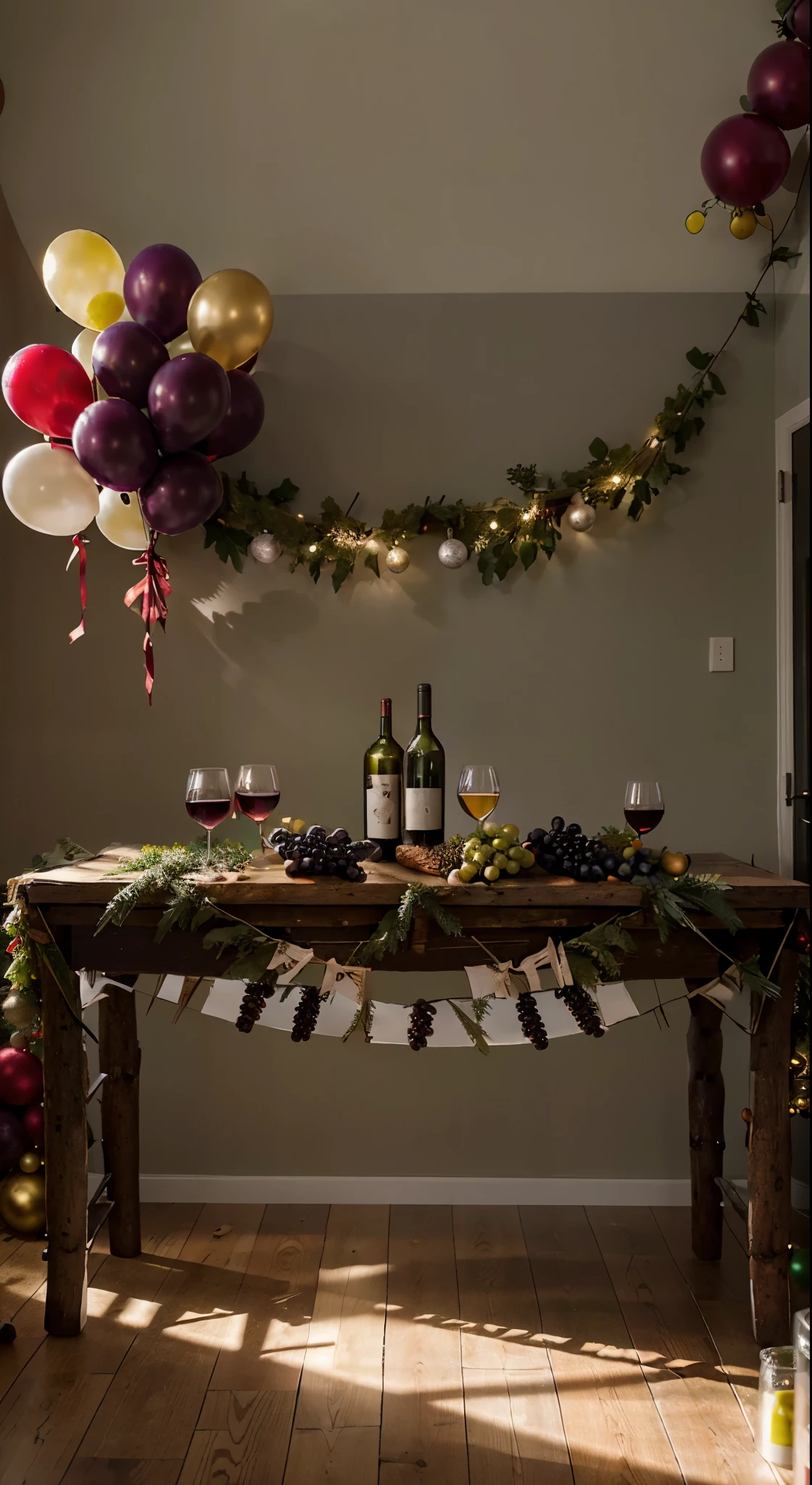 studio, Photography concept for black table, Streamers, Old logs, Several bunches of grapes, Grape leaves, Christmas wreath, centered around a glass of wine, There were a few bottles of wine next to it, Light comes in from the left, Bright surroundings, Christmas tree, Red balloons, Green balloons, White balloons, Christmas gifts