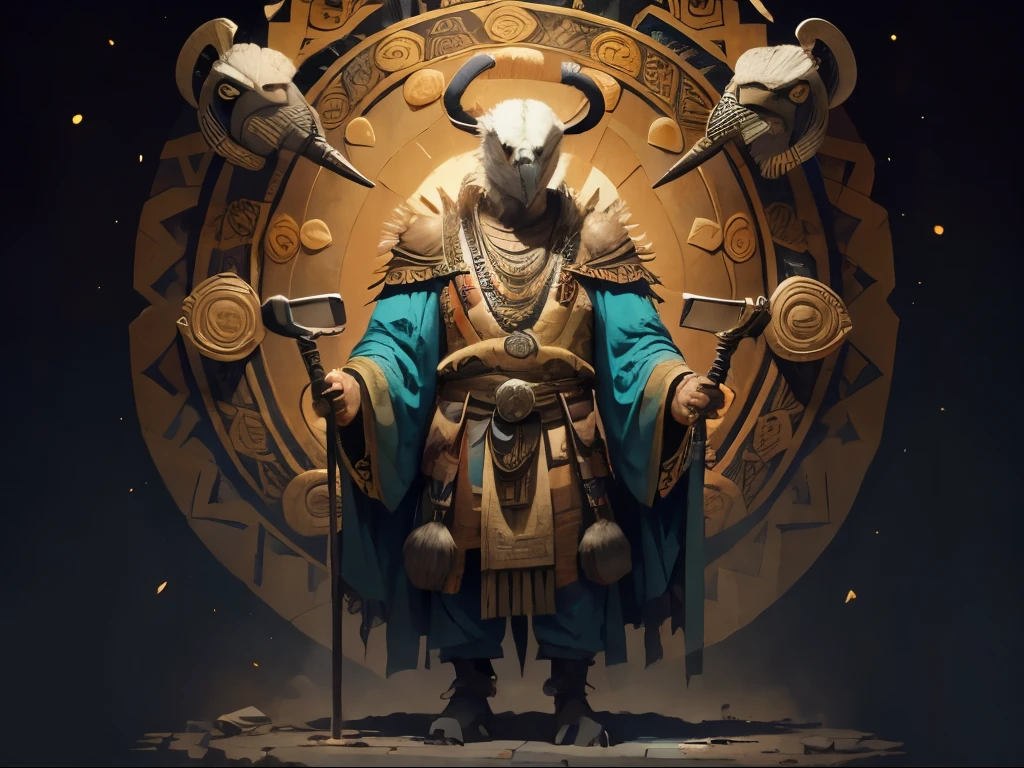 A vulture holding a cane,Toba,Wearing Aztec style clothes,ogre,The king