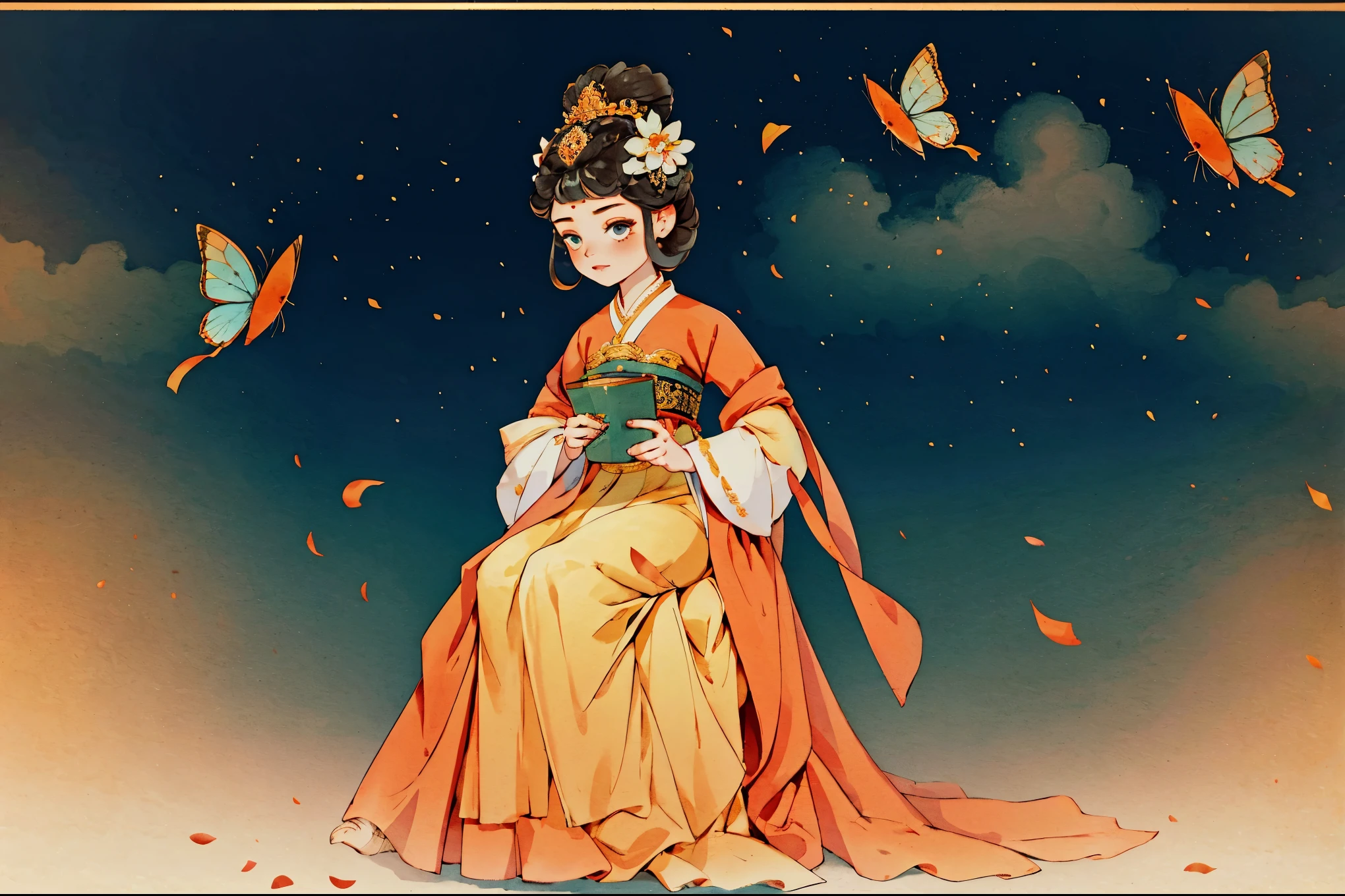 1 Sister, Alone, looking at viewert, face flushed, Background with, black hair color hair, hair adornments, Qing Dynasty flag head,. Princess Crown, longer sleeves, Gold set, white backgrounid, everlasting, Full body lesbian, flowers blooming, hairflower, hair-bun, butterflys, tmasterpiece, recent quality, The finest details, Clear facial features, beautidful eyes