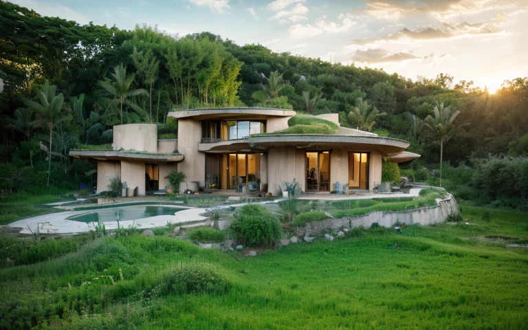 A photograph of a symmetrical contemporary organic house with clay plaster, there is a buttress in the wall, (((hyperbolic paraboloid green roof))), (((biological pool))), (((base wall rock foundation))), in a tropical bahia backyard, (((rustic clay stucco))), ((rustic clay plaster)), (((wooden roof structure, wooden rake, wooden fascia board))), eaves, ((roof with wooden structure)), cobhouse, ((natural houses, organic buildings, organic architecture)), ecovillage, sustainable architecture, bioconstruction architecture, solarpunk architecture, (((grass roof, green roof, green wave roof, rounded roof, vegetated roofs))), (((rock base foundation wall, foundation height 30cm, stone base wall 30cm high))), ((green architecture)), passive house, clear sky in the background, painful beauty, modern, imposing, green house, ((Bali hobbit Hadid Style)), super resolution, cinematic, color grading, editorial photography, photography, photo shoot, (((dramatic front eye top angle view)))