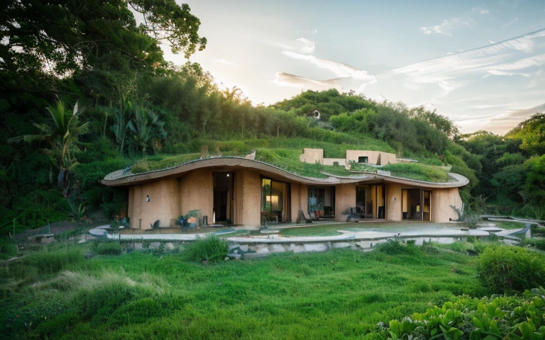 A photograph of a symmetrical contemporary organic house with clay plaster, there is a buttress in the wall, (((hyperbolic paraboloid green roof))), (((biological pool))), (((base wall rock foundation))), in a tropical bahia backyard, (((rustic clay stucco))), ((rustic clay plaster)), (((wooden roof structure, wooden rake, wooden fascia board))), eaves, ((roof with wooden structure)), cobhouse, ((natural houses, organic buildings, organic architecture)), ecovillage, sustainable architecture, bioconstruction architecture, solarpunk architecture, (((grass roof, green roof, green wave roof, rounded roof, vegetated roofs))), (((rock base foundation wall, foundation height 30cm, stone base wall 30cm high))), ((green architecture)), passive house, clear sky in the background, painful beauty, modern, imposing, green house, ((Bali hobbit Hadid Style)), super resolution, cinematic, color grading, editorial photography, photography, photo shoot, (((dramatic front eye top angle view)))