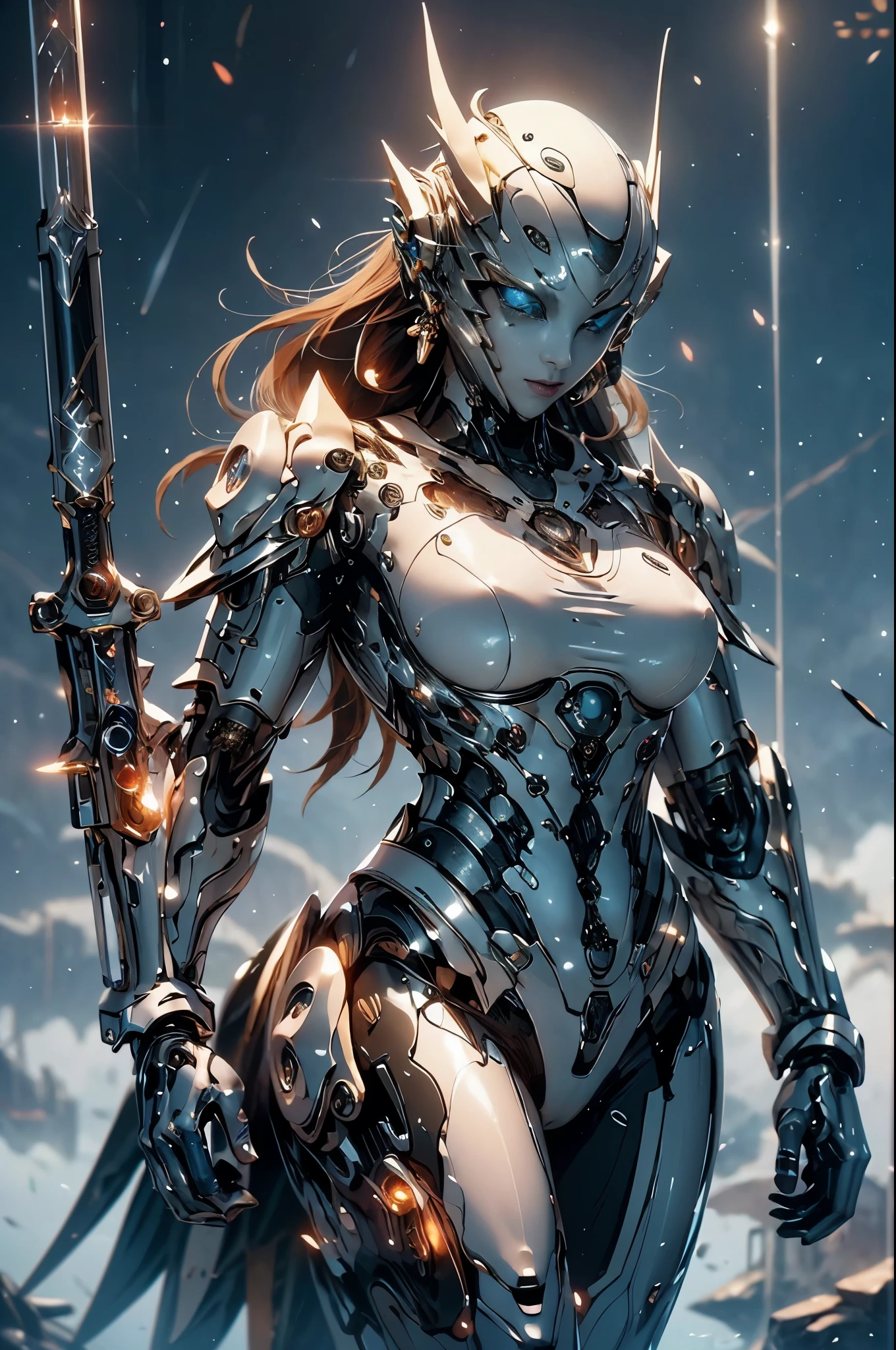 intricate ornate anime cgi style, super detailed fantasy characters, 4K highly detailed digital art, karol bak uhd, cyborg goddess in cosmos, beautiful digital works of art, 2. 5 d cgi anime fantasy artwork, Goddess. extremely high detail, portrait of cyborg queen, extremely detailed goddess shot, Half body machine, Inorganic, Next generation high performance cyborg, Goddess of Machines, The perfect cyborg, ultimate replicant, A masterpiece created by ultra-high performance AI, ultimate weapon, Best Quality, Perfect Angle, perfect-composition, sharp outline, Best Shots, perfect shapes, perfect model style, Very beautiful and detailed eyes, Hollow eyes, blue eyes without pupils
