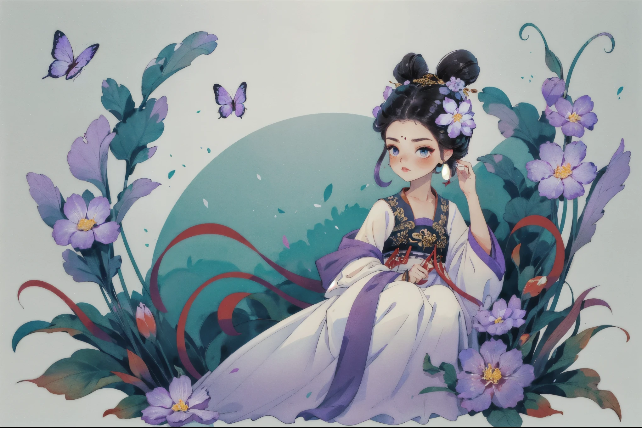 1 Sister, Alone, looking at viewert, face flushed, Background with, black hair color hair, hair adornments, longer sleeves, white backgrounid, Eternal, Full body lesbian, purpleish color, Hanfu, flowers blooming, hairflower, hair-bun, butterflys, tmasterpiece, recent quality, The finest details, Clear facial features, beautidful eyes