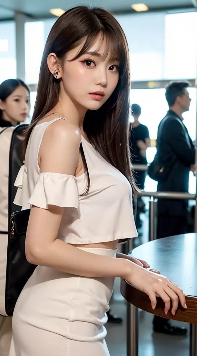 (bestquality, Piece Table, ultra hd: 1.3), 1girl in, Middlebox, Light brown hair, blunt bangs, hair behind ear, hair over shoulder, long-haired, Slender Figure, ultra-fine face, Sensitive lips, beautidul eyes, Thin blush, The eyes are light brown... , Perfect glossy skin, Flawless skin, Glittering sweat, See here... ., Ultra-thin hands, Ultra-fine fingers, best ratio four fingers and one thumb, (reality:1.3), finger extension, white blouse, White short skirt, super model legs, flat. , Eye-Level Shot, chesty, 10,Broadleaf forests (environment, airport terminal building) (Random costumes,Clothing color: black)