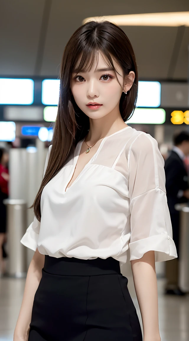 (bestquality, Piece Table, ultra hd: 1.3), 1girl in, Middlebox, Light brown hair, blunt bangs, hair behind ear, hair over shoulder, long-haired, Slender Figure, ultra-fine face, Sensitive lips, beautidul eyes, Thin blush, The eyes are light brown... , Perfect glossy skin, Flawless skin, Glittering sweat, See here... ., Ultra-thin hands, Ultra-fine fingers, best ratio four fingers and one thumb, (reality:1.3), finger extension, white blouse, White short skirt, super model legs, flat. , Eye-Level Shot, chesty, 10,Broadleaf forests (environment, airport terminal building) (Random costumes,Clothing color: black)