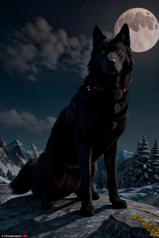 ((Masterpiece image)), A black wolf with [[shiny red eyes]], on top of the mountain with a yellow full moon at background, looking at the viewer! Unreal engine, high resolution, high quality detailed, (((masterpiece))), (((best quality))), ((ultra-detailed)), (highly detailed CG illustration), ((an extremely delicate and beautiful))