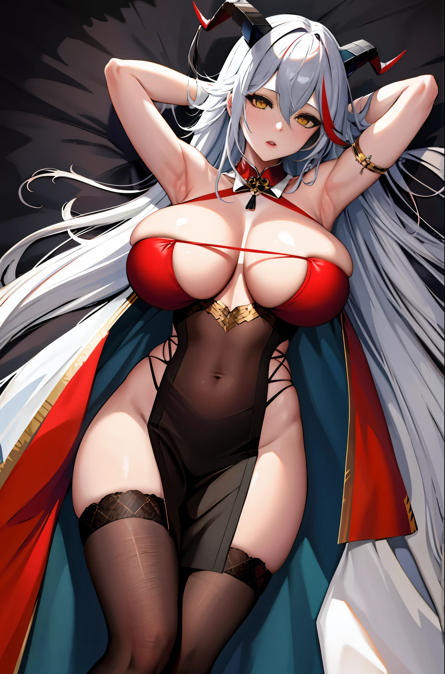 (masterpiece),(best quality),ultra detailed,1girl, armpits, arms behind head, arms up, bangs, cleavage, dakimakura \(medium\), demon horns, detached collar, dress, elbow gloves, fur trim, gloves, hair between eyes, horns, (huge breasts), long hair, looking at viewer, lying, multicolored hair, navel, official alternate costume, on back, parted lips, pelvic curtain, red hair, skindentation, solo, streaked hair, thighhighs, thighs, two-tone hair, very long hair, white hair, yellow eyes,shiny skin,spring-aegir,mature female,;o