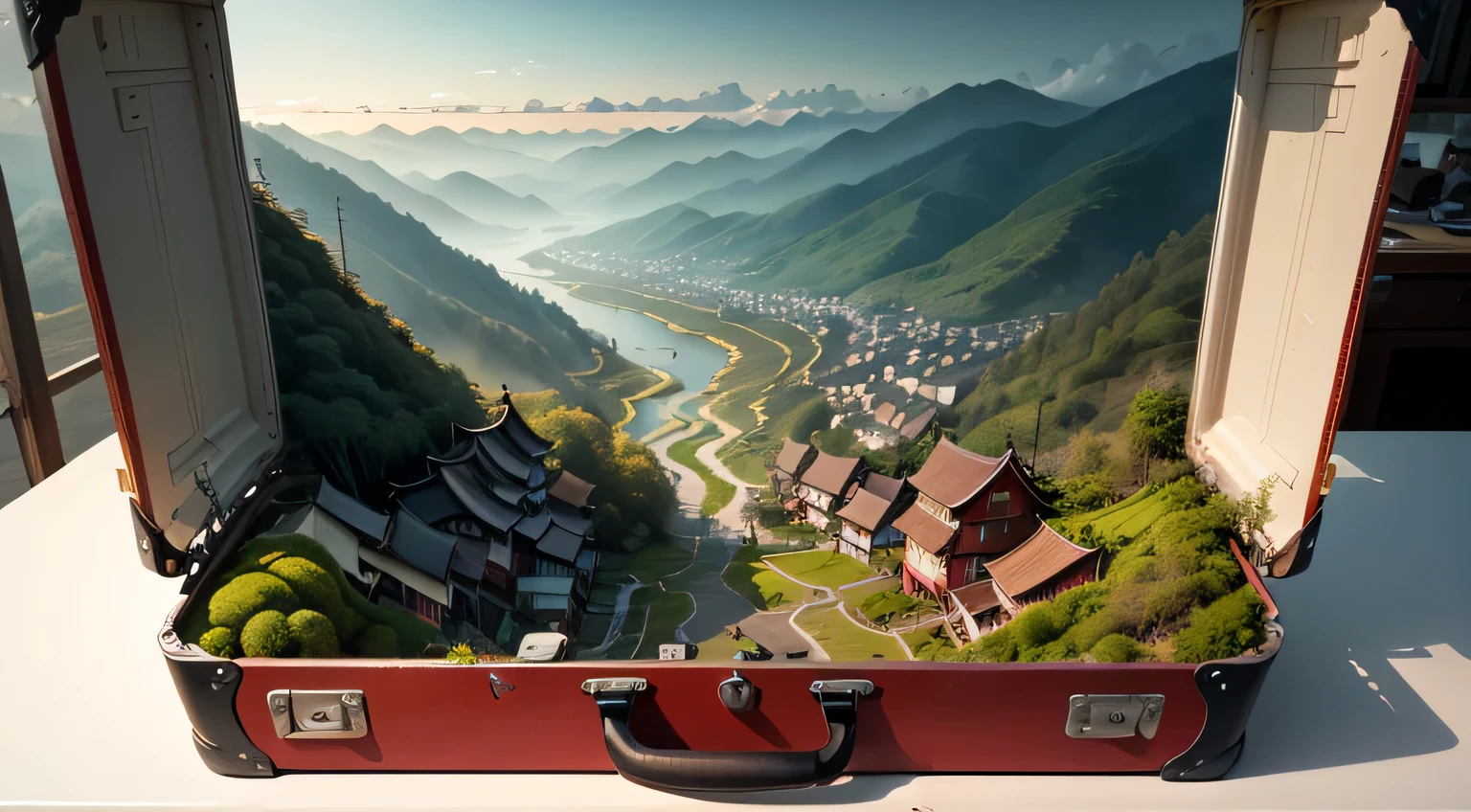 an open suitcase(Inside the suitcase is an intricate miniature landscape of a rural Chinese town.), Oliva ambient light, On a table, 4KUHD, dark ambiance, ultra - detailed, Terrazzo,There are small towns,terraced,ricefield,There are mountains and waters,フォトリアリスティック,真实感,Bright color forest background, Epic work,