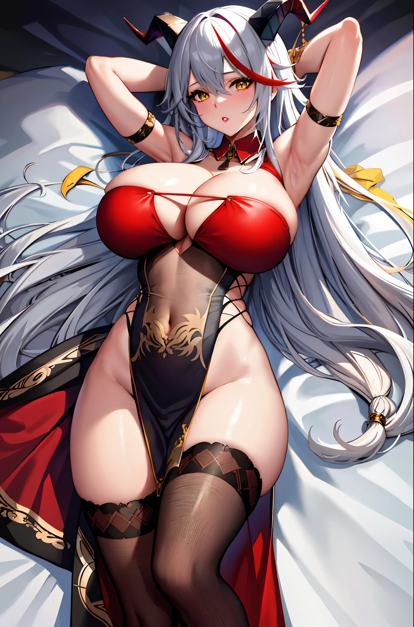 (masterpiece),(best quality),ultra detailed,1girl, armpits, arms behind head, arms up, bangs, cleavage, dakimakura \(medium\), demon horns, detached collar, dress, elbow gloves, fur trim, gloves, hair between eyes, horns, (huge breasts), long hair, looking at viewer, lying, multicolored hair, navel, official alternate costume, on back, parted lips, pelvic curtain, red hair, skindentation, solo, streaked hair, thighhighs, thighs, two-tone hair, very long hair, white hair, yellow eyes,shiny skin,spring-aegir,mature female,;o