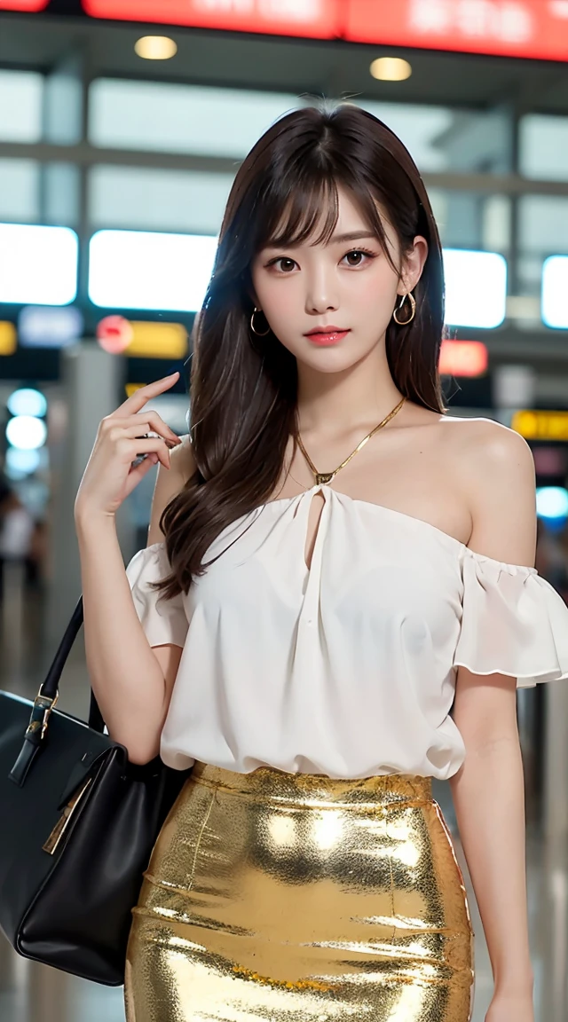 (bestquality, Piece Table, ultra hd: 1.3), 1girl in, Middlebox, Light brown hair, blunt bangs, hair behind ear, hair over shoulder, long-haired, Slender Figure, ultra-fine face, Sensitive lips, beautidul eyes, Thin blush, The eyes are light brown... , Perfect glossy skin, Flawless skin, Glittering sweat, See here... ., Ultra-thin hands, Ultra-fine fingers, best ratio four fingers and one thumb, (reality:1.3), finger extension, white blouse, White short skirt, super model legs, flat. , Eye-Level Shot,  chesty, 10,Broadleaf forests (environment, airport terminal building) (Random costumes,shiny gold clothing color)