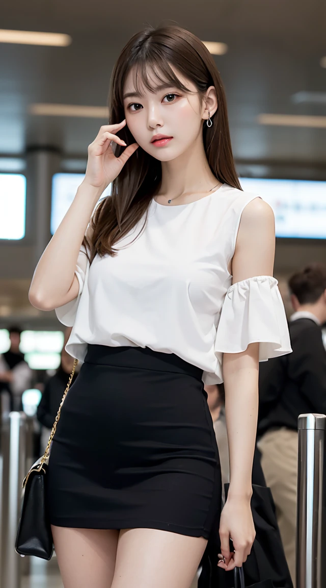 (bestquality, Piece Table, ultra hd: 1.3), 1girl in, Middlebox, Light brown hair, blunt bangs, hair behind ear, hair over shoulder, long-haired, Slender Figure, ultra-fine face, Sensitive lips, beautidul eyes, Thin blush, The eyes are light brown... , Perfect glossy skin, Flawless skin, Glittering sweat, See here... ., Ultra-thin hands, Ultra-fine fingers, best ratio four fingers and one thumb, (reality:1.3), finger extension, white blouse, White short skirt, super model legs, flat. , Eye-Level Shot, chesty, 10,Broadleaf forests (environment, airport terminal building) (Random costumes,shiny gold clothing color)