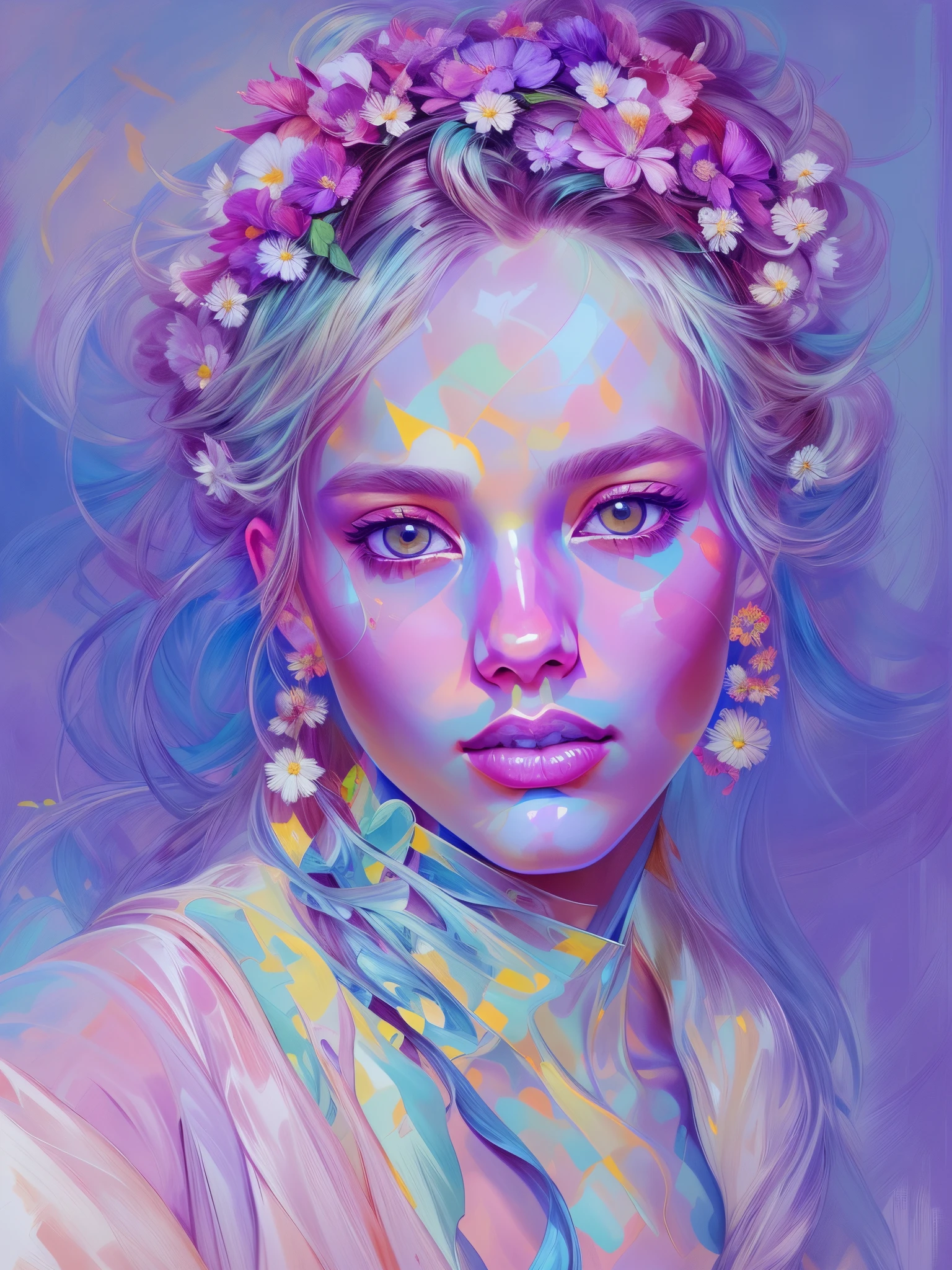 painting of a woman with a flower crown on her head, glory, beauty,  inspired by Yanjun Cheng, in style of anna dittmann, in style of digital painting, inspired by Russell Dongjun Lu, inspired by Anna Dittmann, gorgeous digital painting, style digital painting, elegant digital painting, anna dittmann alberto vargas, glossy digital painting, baroque digital paintingstudio lighting,vibrant colors,dramatic lighting,contrast, , Meticulous details, intricate details