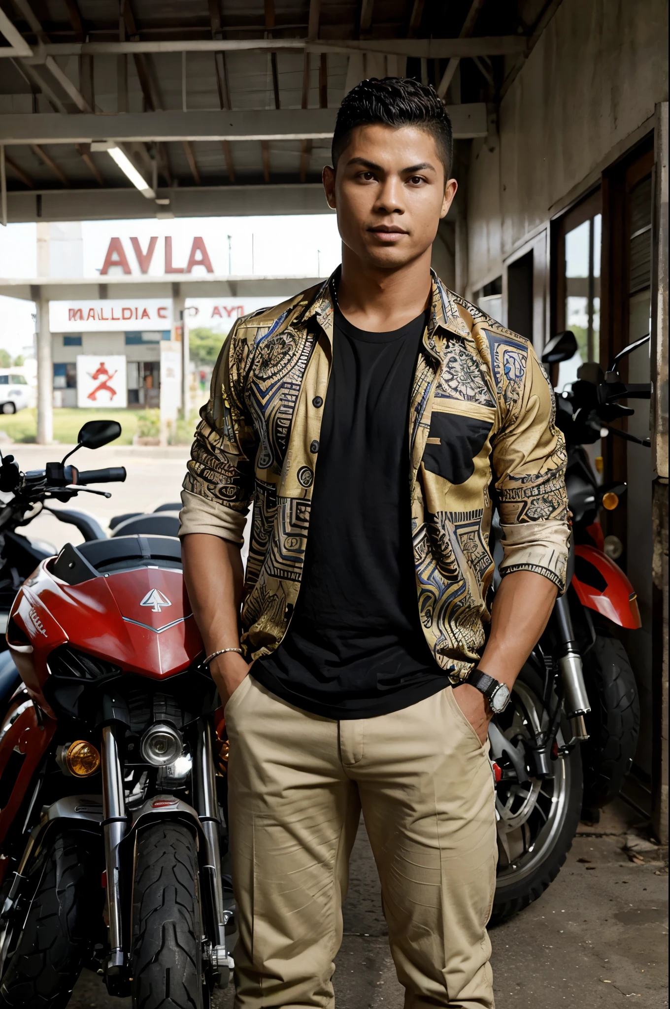 Ronaldo wearing a batik shirt standing in front of the Majalaya Honda Motorcycle Dealer, the photo looks real,