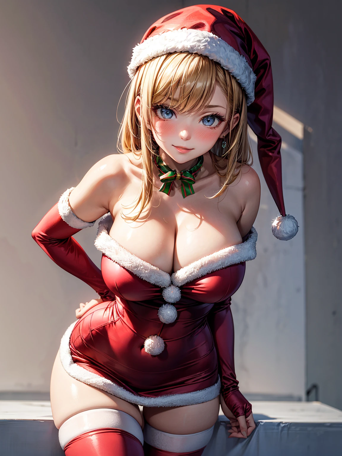 (best quality:1.1, masterpiece:1.4, absurdres:1.0), 1girl, (sexy santa costume), bare shoulders, bare arms, thigh highs, huge breasts, cleavage, wide hips, milf, smirk, blush, embarrassed, looking at viewer, simple background, posing