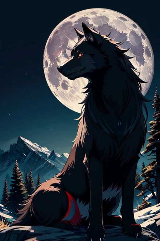 ((Masterpiece image)), A black wolf with [[shiny red eyes]], on top of the mountain with a yellow full moon at background, looking at the viewer! Unreal engine, high resolution, high quality detailed, (((masterpiece))), (((best quality))), ((ultra-detailed)), (highly detailed CG illustration), ((an extremely delicate and beautiful))