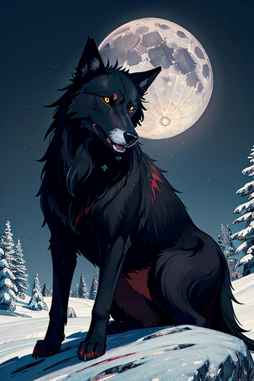 ((Masterpiece image)), A black wolf with [[shiny red eyes]], on top of the mountain with a yellow full moon at background, looking at the viewer! Unreal engine, high resolution, high quality detailed, (((masterpiece))), (((best quality))), ((ultra-detailed)), (highly detailed CG illustration), ((an extremely delicate and beautiful))
